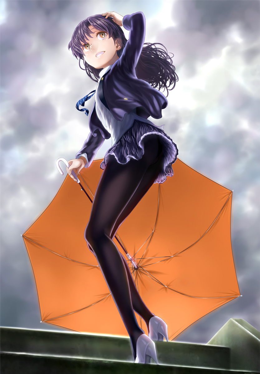 arm_up black_legwear blazer blue_hair brown_eyes cloud from_below grin hand_on_own_head high_heels idolmaster idolmaster_(classic) jacket kisaragi_chihaya kodoku_to_sukoshi_niteru legs long_hair looking_away necktie panties panties_under_pantyhose pantyhose shoes skirt smile solo stairs umbrella underwear