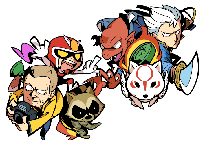 alternate_color amaterasu capcom chibi dead_rising devil_may_cry frank_west hounori makaimura marvel marvel_vs._capcom marvel_vs._capcom_3 middle_finger multiple_boys ookami_(game) red_arremer rocket_raccoon simple_background vergil viewtiful_joe viewtiful_joe_(character)