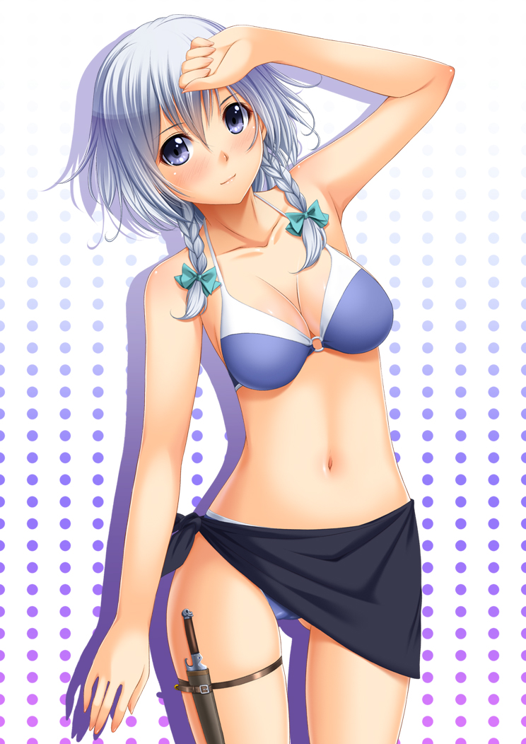 arm_up bikini black_sarong blue_eyes blush bow braid breasts chiro hair_bow halftone halftone_background izayoi_sakuya knife looking_at_viewer medium_breasts navel sarong silver_hair solo swimsuit thigh_strap touhou twin_braids