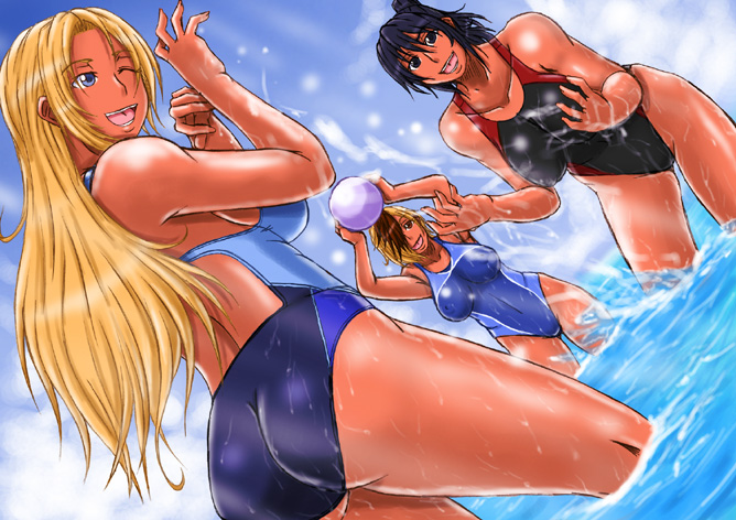 3girls ass ball blonde_hair breasts hair_over_one_eye large_breasts multiple_girls ocean papepox2 ponytail smile swimsuit