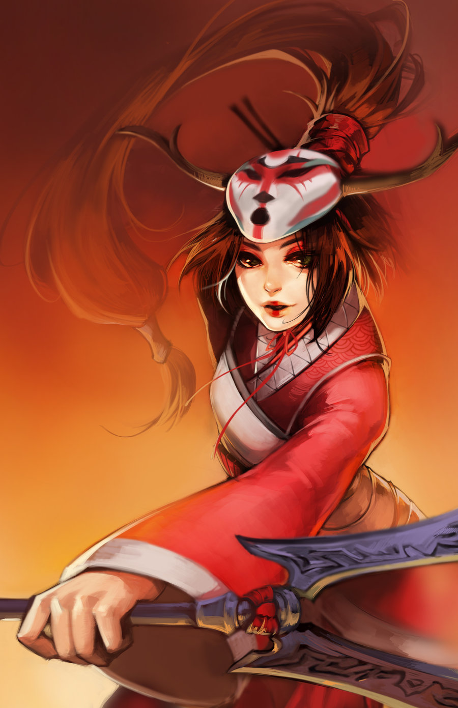 akali black_eyes black_hair blood_moon_akali highres horns kama_(weapon) league_of_legends lips long_hair looking_at_viewer mask na_young_lee ponytail sickle solo