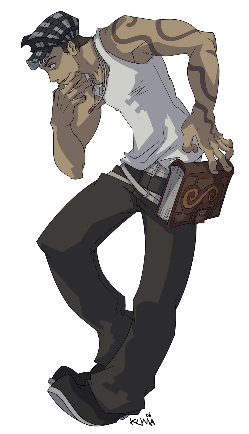 book_of_eibon dark_skin evil_grin evil_smile grin hand_on_another's_chin hand_on_chin hat highres male male_focus noah noah_(soul_eater) pants smile soul_eater tank_top tattoo