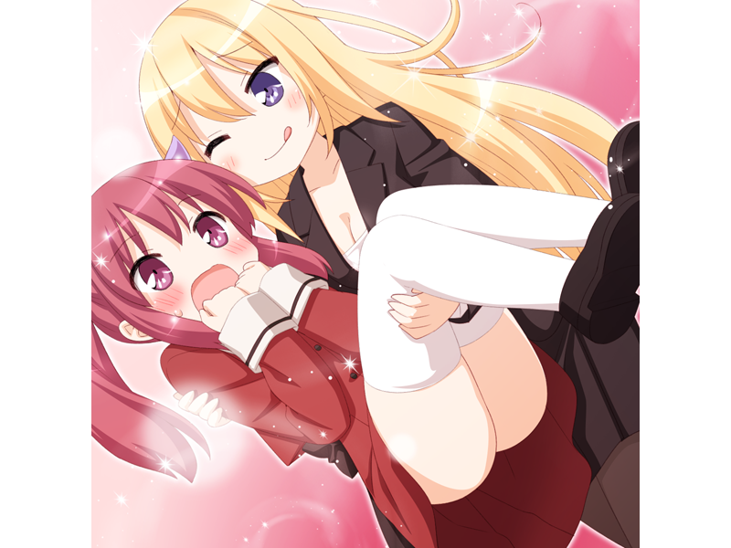 ;) ;q black_legwear blonde_hair blush breasts carrying cleavage clenched_hands formal game_cg hair_ribbon houraisen_rena long_hair medium_breasts multiple_girls oda_nanami one_eye_closed open_mouth pantyhose peko princess_carry purple_eyes red_hair ribbon school_uniform shoes skirt_suit smile sono_hanabira_ni_kuchizuke_wo sparkle st._michael's_school_uniform suit sweat thighhighs tongue tongue_out twintails white_legwear