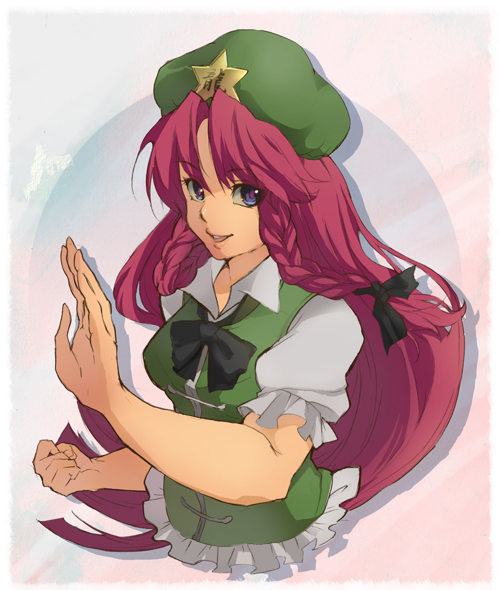 bangs beret blue_eyes bow bowtie braid clenched_hand endou_(hot_handle) hands hat hong_meiling long_hair looking_away parted_bangs puffy_short_sleeves puffy_sleeves red_hair short_sleeves smile solo star touhou twin_braids