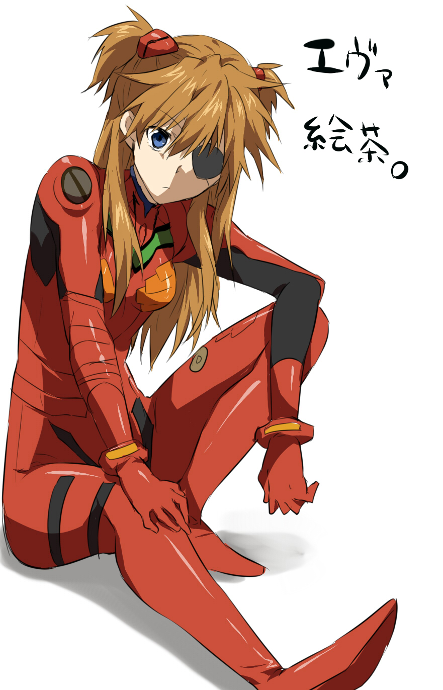 bad_id bad_pixiv_id bangs bodysuit bracer breasts brown_hair closed_mouth evangelion:_3.0_you_can_(not)_redo expressionless eyebrows_visible_through_hair eyepatch from_side frown full_body gloves hair_between_eyes hair_over_shoulder hand_on_own_knee headgear highres knee_up long_hair looking_at_viewer maruki_(punchiki) neon_genesis_evangelion pilot_suit plugsuit rebuild_of_evangelion shadow shikinami_asuka_langley simple_background sitting sketch small_breasts solo souryuu_asuka_langley tape translation_request turtleneck two_side_up white_background