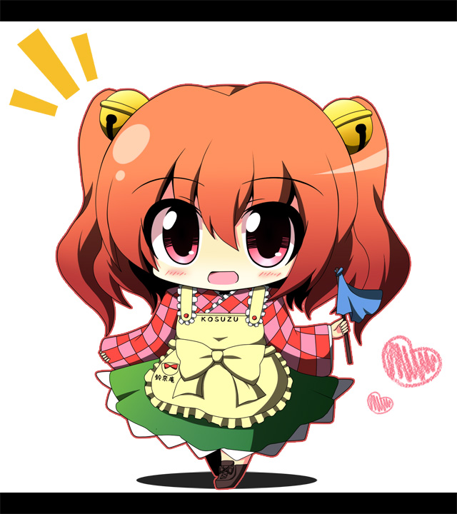 apron bell blush character_name checkered checkered_shirt chibi clothes_writing duster hair_bell hair_ornament hasewox heart jingle_bell long_sleeves looking_at_viewer motoori_kosuzu open_mouth red_eyes red_hair shirt short_hair simple_background smile solo touhou two_side_up white_background wide_sleeves