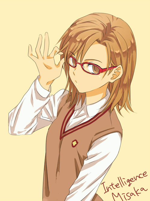 bespectacled brown_eyes brown_hair character_name glasses inoichi misaka_imouto red-framed_eyewear school_uniform simple_background solo sweater_vest to_aru_majutsu_no_index yellow_background