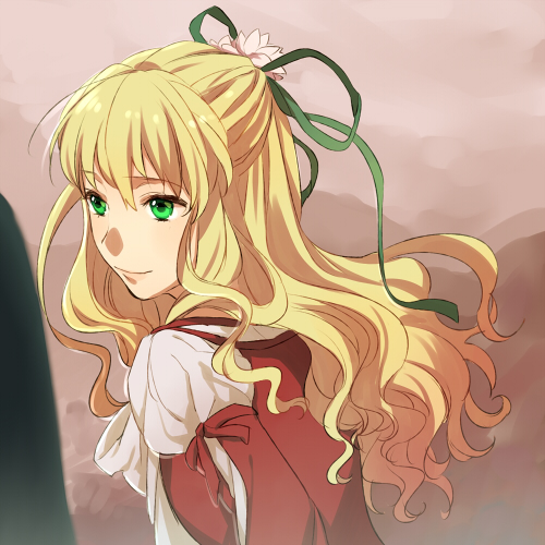 bad_id bad_pixiv_id blonde_hair claire_bennett flower green_eyes hair_flower hair_ornament half_updo long_hair lowres maruishi solo tales_of_(series) tales_of_rebirth