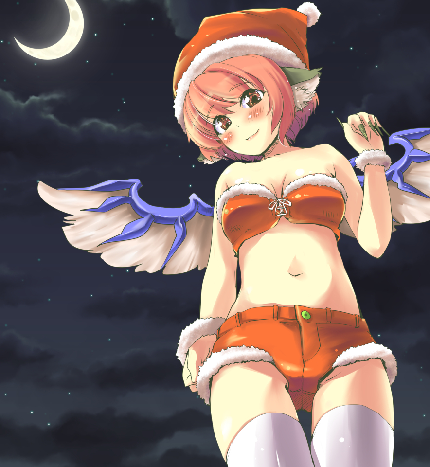 alternate_costume animal_ears bad_id bad_pixiv_id blush breasts cleavage crescent_moon fingernails from_below fur_trim hat long_fingernails looking_at_viewer medium_breasts midriff moon mystia_lorelei nail_polish navel nise_nanatsura red_eyes santa_costume santa_hat sharp_fingernails short_hair shorts sky smile solo standing star_(sky) starry_sky thighhighs touhou white_legwear wings wristband