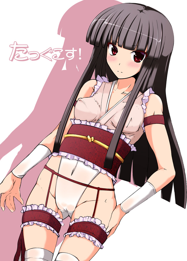 black_hair borrowed_design breasts ganmo garter_belt garters houraisan_kaguya japanese_clothes leotard long_hair looking_at_viewer medium_breasts red_eyes shadow solo touhou very_long_hair wrestling_outfit