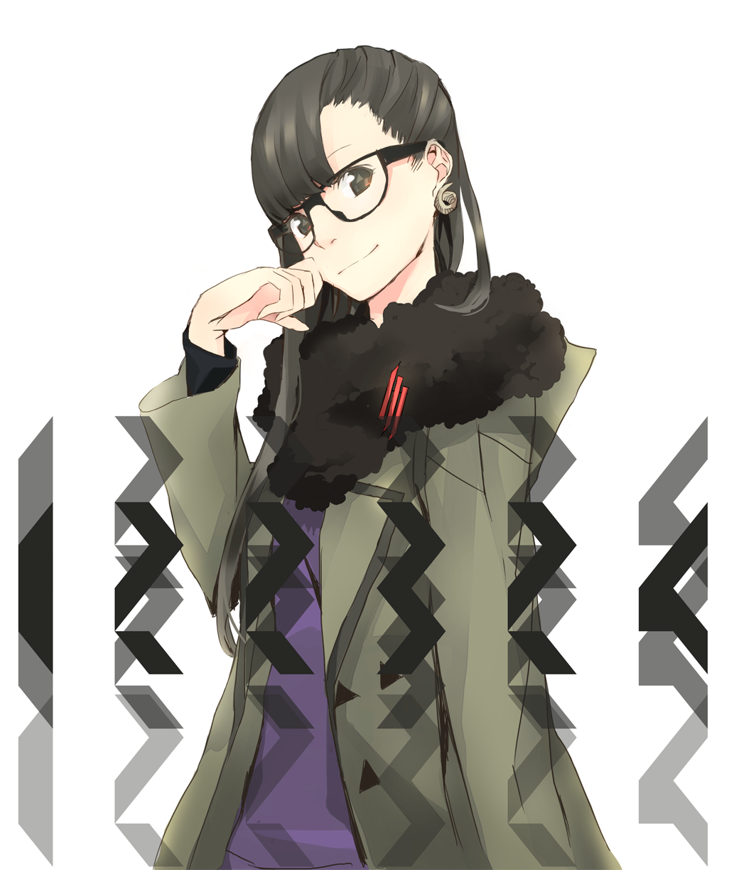 bad_id bad_pixiv_id bangs black-framed_eyewear black_hair black_scarf coat cosplay earrings fur_scarf glasses grey_coat grey_eyes hand_on_own_face highres jewelry kashiyuka long_hair long_sleeves looking_at_viewer perfume scarf skrillex skrillex_(cosplay) smile solo upper_body yoshito