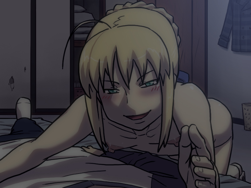 1girl ahoge artoria_pendragon_(all) assertive blonde_hair blush braid breasts clothed_male_nude_female emiya_shirou fate/stay_night fate_(series) french_braid green_eyes habatakuhituji head_out_of_frame lying night nipples nude on_back on_floor open_mouth outstretched_hand pov rape_face reaching saber small_breasts solo_focus squinting