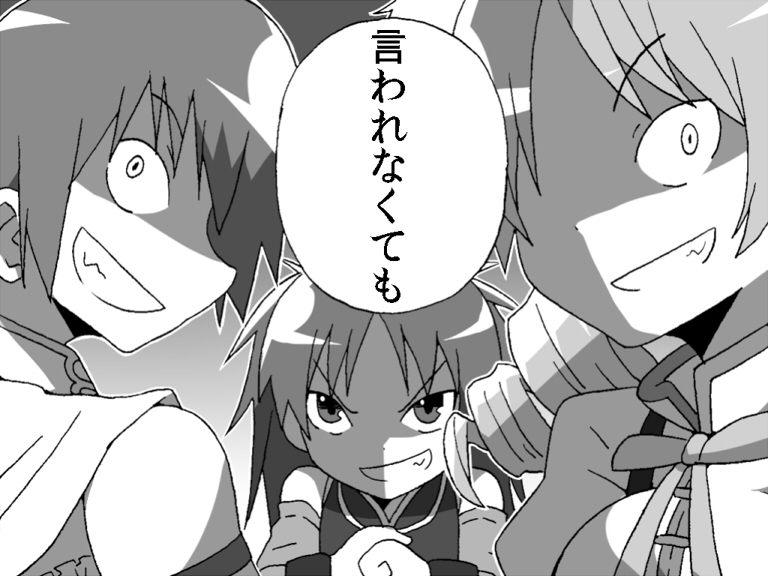 cape child comic constricted_pupils cracking_knuckles crazy_eyes crazy_smile detached_sleeves drill_hair fang gogiga_gagagigo gradient gradient_background greyscale mahou_shoujo_madoka_magica miki_sayaka monochrome multiple_girls sakura_kyouko shaded_face short_hair tomoe_mami translated younger