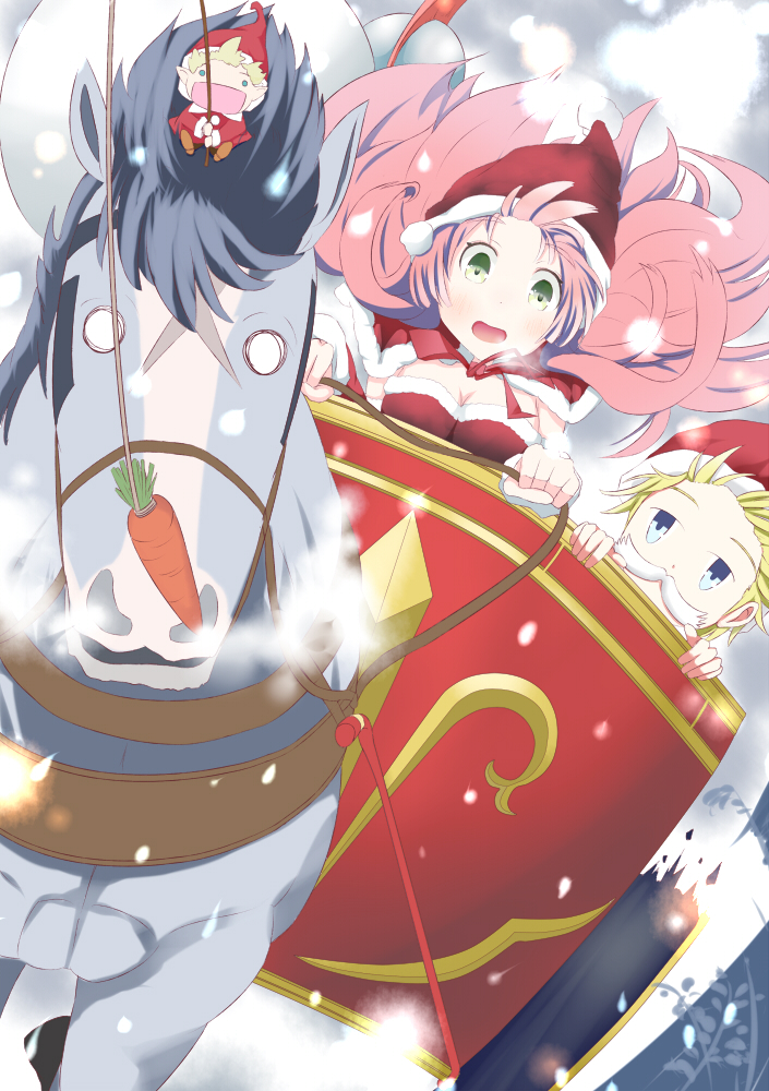 1girl beard blonde_hair blue_eyes blush breasts carrot chariot cleavage facial_hair fairy_(jintai) green_eyes hat horse jinrui_wa_suitai_shimashita joshu-san long_hair medium_breasts mustache open_mouth peanuts_(ennuim) pink_hair santa_costume santa_hat smile snow very_long_hair watashi_(jintai)