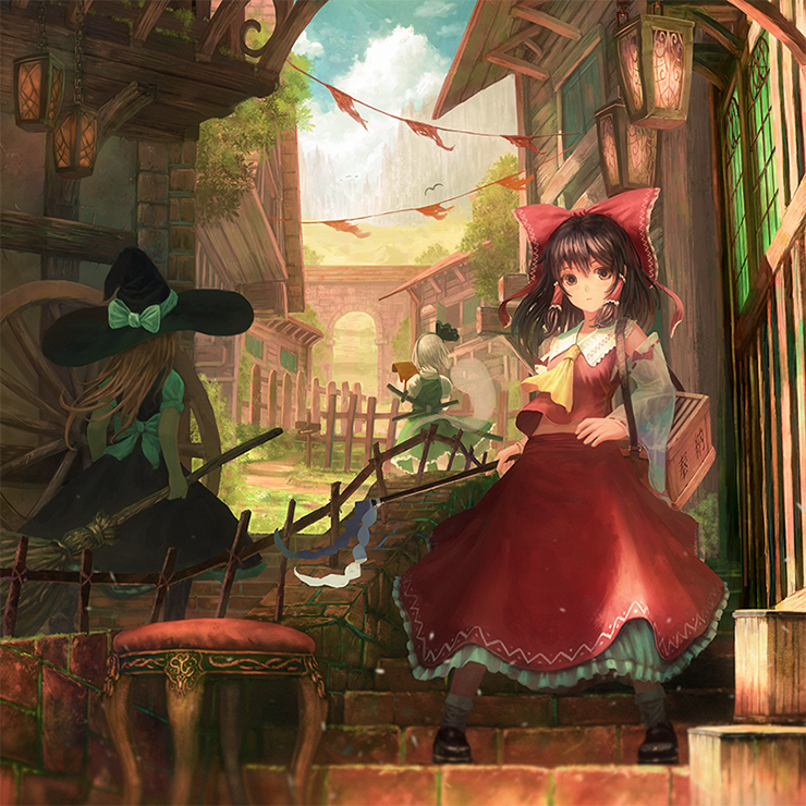 album_cover arch ascot bangs black_dress blonde_hair blue_sky bow box broom brown_eyes brown_hair building cloud cover day detached_sleeves donation_box dress facing_away fence gohei green_dress hair_bow hair_ribbon hair_tubes hairband hakurei_reimu hat hat_ribbon hitodama holding holding_broom katana kirisame_marisa konpaku_youmu konpaku_youmu_(ghost) lamp loafers long_hair long_sleeves looking_at_viewer multiple_girls outdoors petticoat puffy_sleeves red_skirt ribbon ribbon-trimmed_sleeves ribbon_trim sash scabbard sheath sheathed shirt shoes short_hair short_sleeves sign silver_hair skirt skirt_set sky socks stairs stool string_of_flags sword touhou town vest weapon wheel wide_sleeves witch witch_hat wooden_fence yoshitake