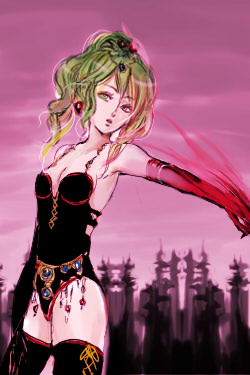 bare_shoulders black_legwear black_leotard breasts circlet cleavage closed_mouth collarbone cowboy_shot detached_sleeves earrings elbow_gloves expressionless final_fantasy final_fantasy_vi gloves green_eyes green_hair hair_between_eyes head_tilt heterochromia jewelry leotard looking_at_viewer lowres medium_breasts moira_(artist) outdoors outstretched_arm pink_sky red_eyes red_gloves ribbon solo standing strapless strapless_leotard thighhighs tina_branford yellow_ribbon