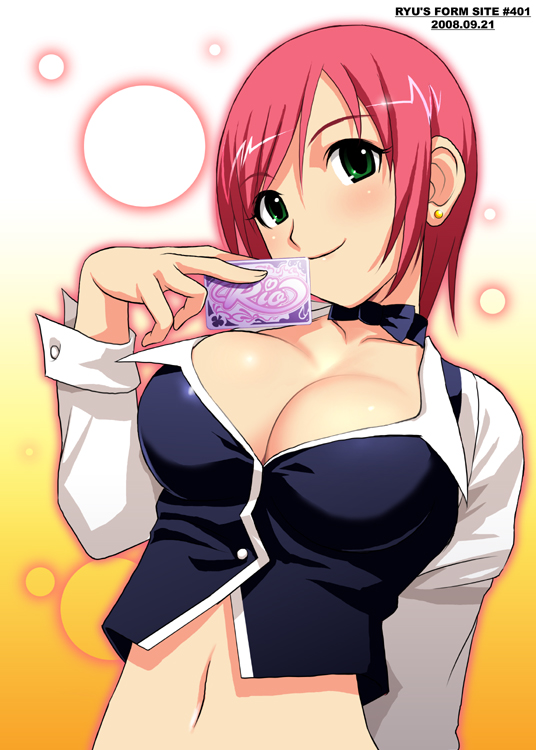 bow bowtie breasts card choker cleavage croupier green_eyes holding holding_card large_breasts midriff navel red_hair rio_rollins ryu_(ryu's_former_site) short_hair sleeve_cuffs solo super_blackjack