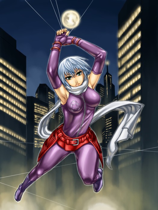 armpits arms_up bangs bare_shoulders belt belt_pouch bodysuit boots breasts breasts_apart building city closed_mouth elbow_gloves emblem fingerless_gloves full_body full_moon gloves green_eyes hair_between_eyes halterneck hands_together hanging head_tilt holding holding_weapon leaning_forward leg_lift legs_apart lights medium_breasts moon night night_sky ninja ono_misao outdoors outline pouch purple_bodysuit purple_footwear purple_gloves scarf serious sheryl_(the_rumble_fish) shiny shiny_clothes short_hair skin_tight sky skyscraper solo the_rumble_fish unitard weapon white_hair white_scarf wire wrist_straps