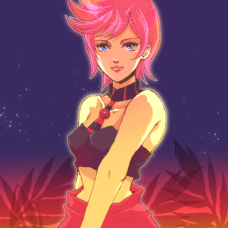 areri blue_eyes collarbone earrings eyeshadow jewelry jojo_no_kimyou_na_bouken lipstick lowres makeup midriff pink_hair plant short_hair solo trish_una vento_aureo