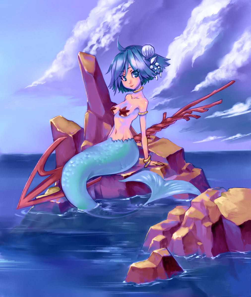 ahoge arm_support armlet bangle blue_eyes blue_hair bracelet choker cloud copyright_request day full_body hair_ornament head_tilt highres horizon jewelry living_clothes looking_at_viewer mermaid monster_girl navel neck_ring ocean outdoors partially_submerged pasties polearm rock scales seashell shell shell_hair_ornament short_hair sitting sky smile solo spear star_pasties starfish tamachi_kuwa weapon