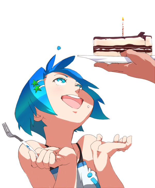 birthday blue_eyes blue_hair cake face food fork hair_ornament hairclip happy mineji out_of_frame pastry pixiv pixiv-tan short_hair solo_focus