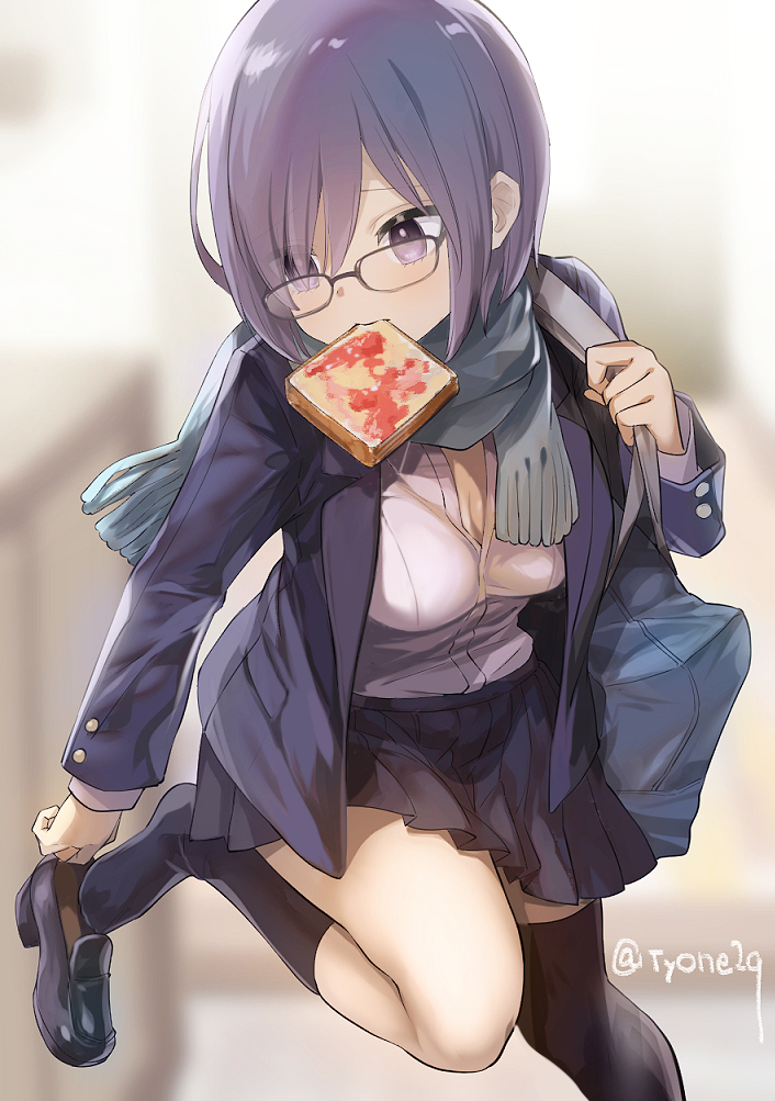 1girl alternate_costume asymmetrical_legwear bag bangs black_footwear black_legwear black_skirt blazer blue_jacket blurry blurry_background breasts cleavage closed_mouth commentary_request depth_of_field eyes_visible_through_hair fate/grand_order fate_(series) food food_in_mouth fringe_trim glasses green_scarf hair_over_one_eye hand_up head_tilt jacket kneehighs loafers long_sleeves mash_kyrielight medium_breasts mouth_hold open_blazer open_clothes open_jacket pleated_skirt purple_eyes purple_hair scarf school_bag shirt shoes short_hair single_kneehigh single_thighhigh skirt solo standing standing_on_one_leg thighhighs toast toast_in_mouth twitter_username tyone white_shirt