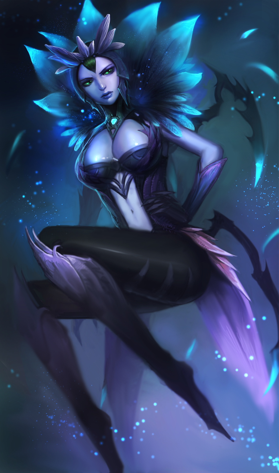 blue_skin breasts cleavage elise_(league_of_legends) flower gloves green_eyes green_gloves green_hair hand_on_hip highres jang_ju_hyeon large_breasts league_of_legends lips navel petals short_hair solo