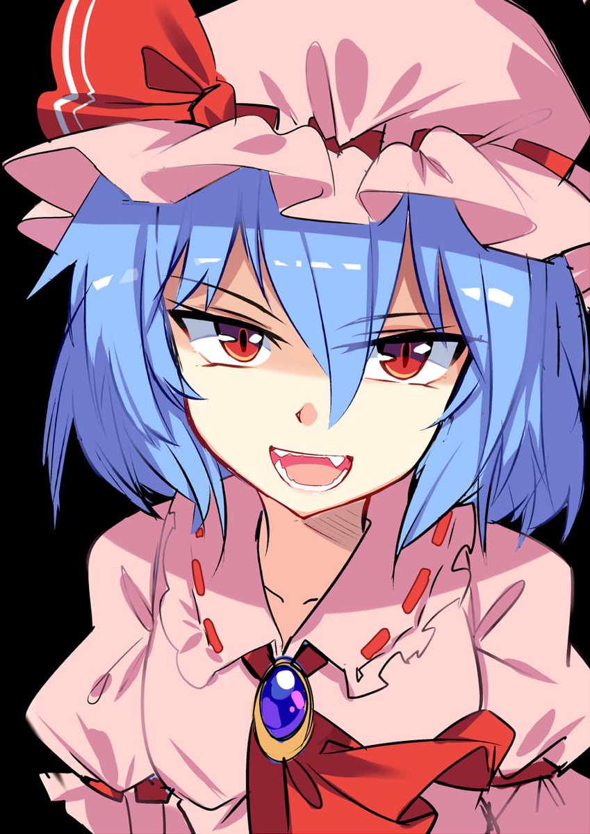 1girl :d ascot bangs black_background blue_hair brooch collarbone commentary_request e.o. eyebrows_visible_through_hair eyes_visible_through_hair fangs frilled_shirt_collar frills hair_between_eyes hat hat_ribbon highres jewelry looking_at_viewer mob_cap open_mouth pink_hat puffy_short_sleeves puffy_sleeves red_eyes red_neckwear red_ribbon remilia_scarlet ribbon ribbon-trimmed_collar ribbon_trim short_hair short_sleeves simple_background smile solo touhou upper_body