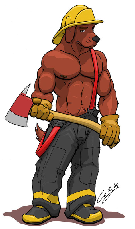 anthro axe biceps boots brown_eyes brown_fur canine chestnuts_(artist) clothed clothing dog firefighter firefighter_boots firefighter_helmet firefighter_uniform footwear fur gus half-dressed helmet male mammal muscles nipples pants pecs pose shoes solo topless uniform weapon