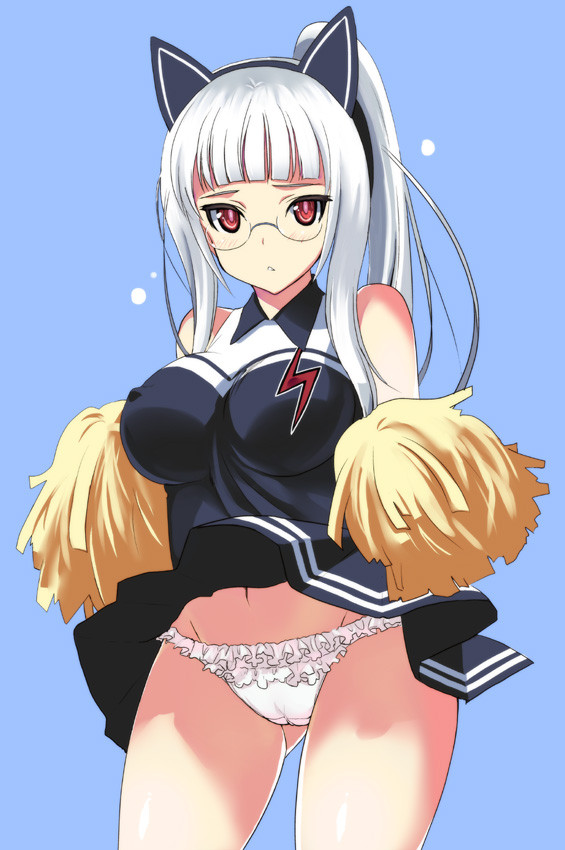 alternate_costume animal_ears blush breasts cameltoe cheerleader covered_nipples frilled_panties frills groin heidimarie_w_schnaufer kyougoku_shin large_breasts long_hair looking_at_viewer navel panties pantyshot pantyshot_(standing) pom_poms red_eyes solo standing strike_witches underwear white_hair white_panties world_witches_series