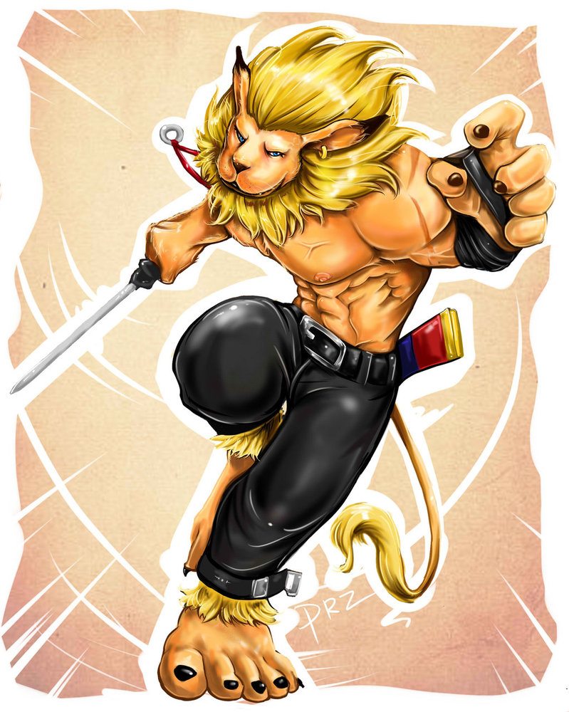 anthro belt biceps big_muscles blonde_hair blue_eyes brown_fur claws clothed clothing digimon ear_piercing feline fur gloves hair half-dressed leomon lion looking_at_viewer male mammal mane muscles necklace nipples pants pecs piercing pockyrumz pose running scar solo standing sword toe_claws topless vein veins weapon yellow_fur