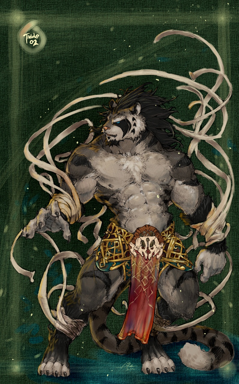 abs bandage biceps big_muscles black_fur black_hair blue_eyes chest_tuft claws clothed clothing dazen_(character) fangs feline fur grey_fur hair half-dressed loincloth male mammal muscles nipples pecs pockyrumz solo standing tiger toe_claws topless tuft white_fur