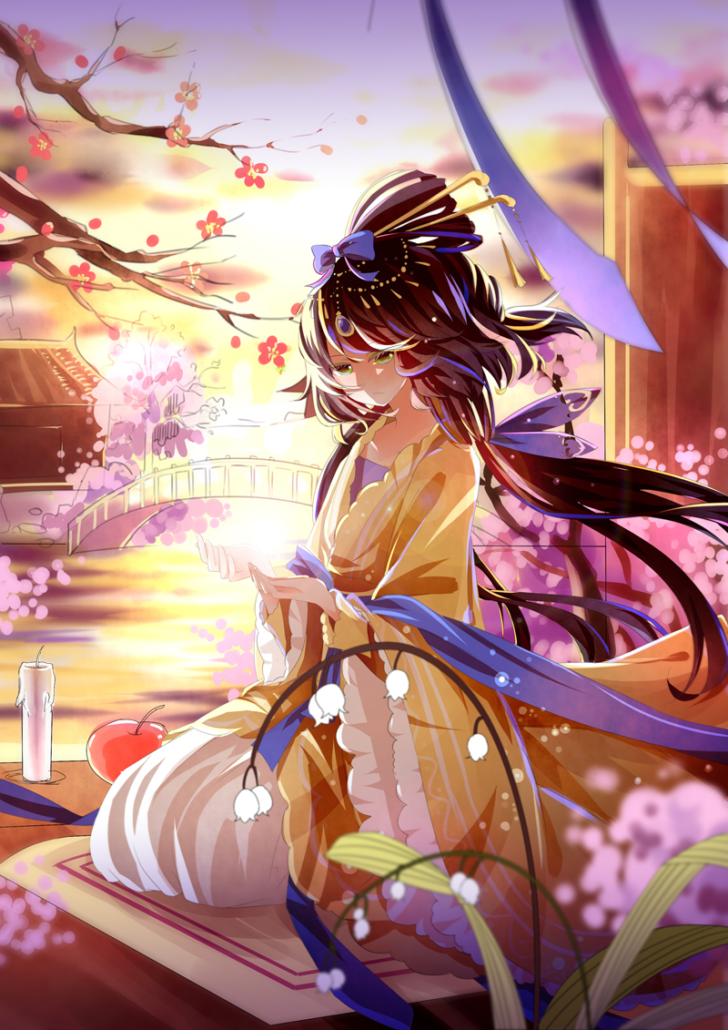 apple bad_id bad_pixiv_id bridge candle cherry_blossoms chinese_clothes flower food fruit hanfu luo_tianyi solo vocaloid vocanese xiao_guiling