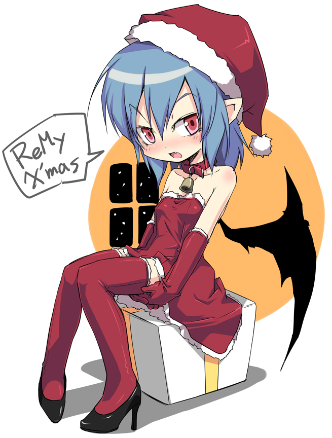 alternate_costume bat_wings bell bell_collar blue_hair body_blush christmas collar elbow_gloves gift gloves hat high_heels looking_at_viewer noya_makoto open_mouth pointy_ears red_eyes red_gloves red_legwear remilia_scarlet santa_hat shoes short_hair sitting solo thighhighs touhou wings