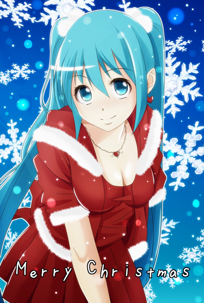 aqua_eyes aqua_hair christmas dance_in_lip earrings hatsune_miku jewelry long_hair looking_at_viewer necklace smile snowflakes solo twintails vocaloid