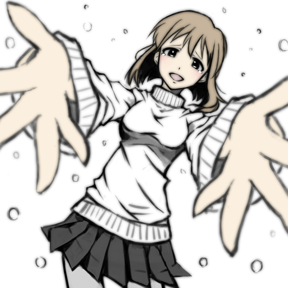 blush breasts brown_eyes brown_hair hagiwara_yukiho idolmaster idolmaster_(classic) medium_breasts mistrail open_mouth outstretched_arms outstretched_hand perspective short_hair skirt smile solo sweater