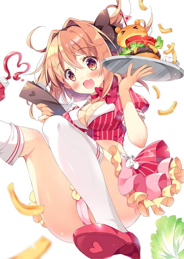 &gt;_&lt; 1girl :d ahoge bangs black_bow blush bow breasts brown_eyes brown_hair cameltoe choker cleavage commentary_request crop_top fang food french_fries frilled_skirt frills hair_bow hair_intakes hairband hamburger heart high_heels holding holding_tray ketchup ketchup_bottle lettuce looking_at_viewer medium_breasts medium_hair open_mouth original pan_(mimi) panties pennant pink_panties red_footwear red_ribbon red_shirt ribbon ribbon_choker shirt short_sleeves simple_background skirt smile solo striped striped_shirt thighhighs tray underwear waitress white_background white_legwear