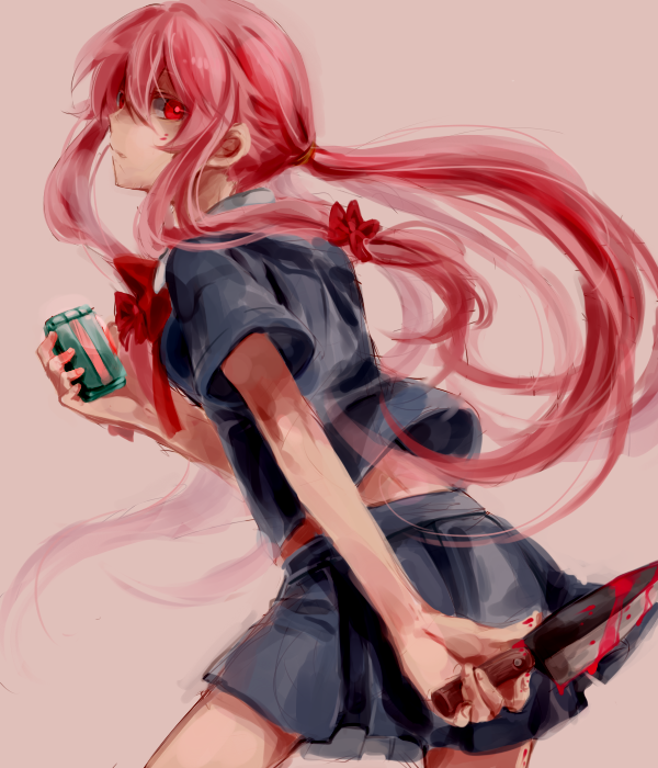 bad_id bad_pixiv_id blood bow cellphone gasai_yuno hair_bow holding holding_knife knife long_hair looking_back mirai_nikki naru_(andante) phone pink_hair red_eyes school_uniform sidelocks skirt solo twintails