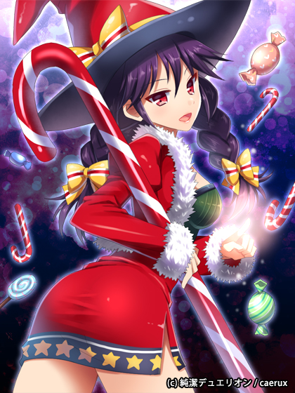 bad_id bad_pixiv_id black_hair braid candy candy_cane christmas food hat mauve original red_eyes santa_costume solo twin_braids witch_hat