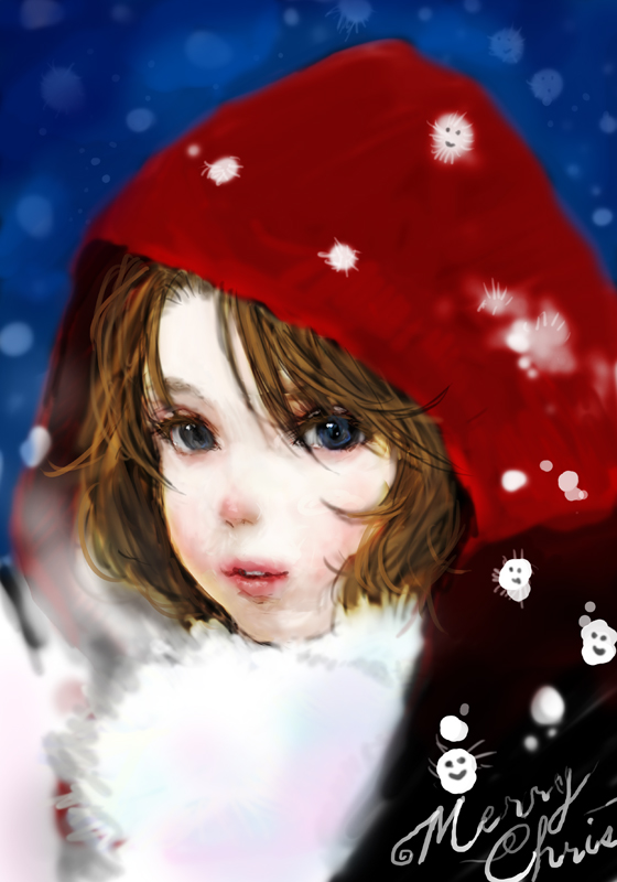 blue_eyes brown_hair christmas face hood lips nose original pon snow solo