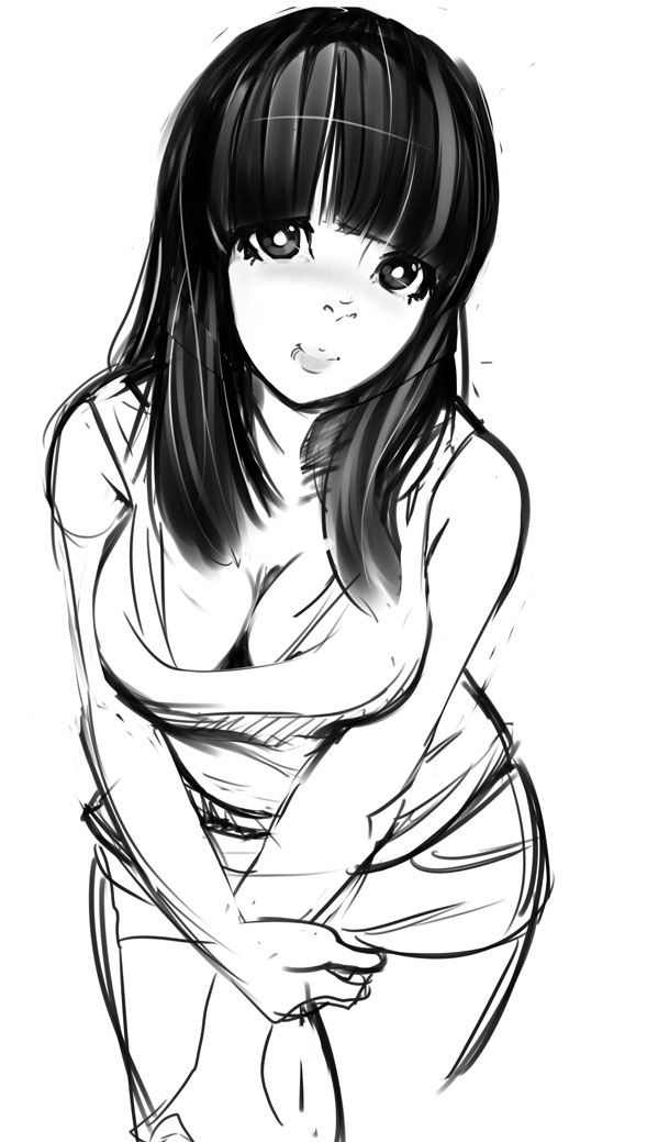 bangs blunt_bangs breast_squeeze breasts cleavage curvy greyscale large_breasts leaning_forward long_hair monochrome original sho-n-d shorts sketch solo straight_hair v_arms