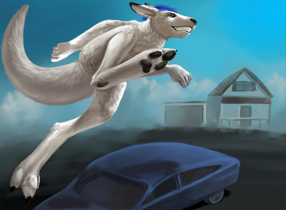 3_toes ambiguous_gender anthro black_nose blue_eyes blue_hair car claws convenient_censorship digitigrade fur hair house kangaroo latex_(artist) mammal marsupial nude outside pawpads sky smile solo teeth thick_tail toe_claws white_fur