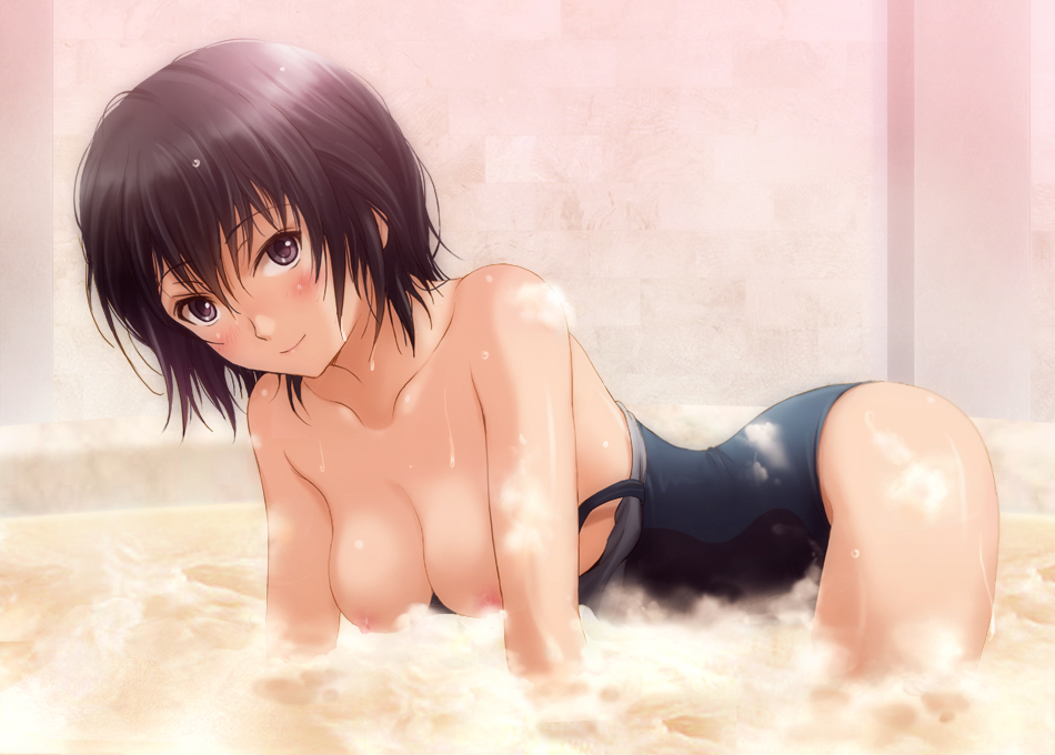 amagami bath black_eyes black_hair blush breasts bubble competition_swimsuit hanging_breasts looking_at_viewer medium_breasts nanasaki_ai nipples one-piece_swimsuit partially_submerged partially_undressed shian_(my_lonly_life.) short_hair smile soap_bubbles soapy solo steam swimsuit swimsuit_pull water wet