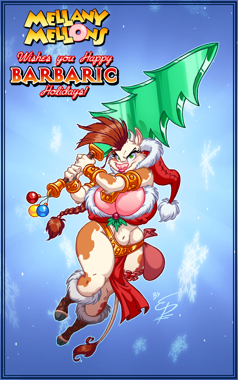 anthro barbarian bell big_breasts bovine breasts brown_hair cattle christmas christmas_tree cleavage clothed clothing cowbell eltonpot female fur garter green_eyes hair hat holidays horn huge_breasts looking_at_viewer mammal mellany_mellons navel santa_hat skimpy smile solo sword tail_tuft tree tuft warrior weapon wide_hips