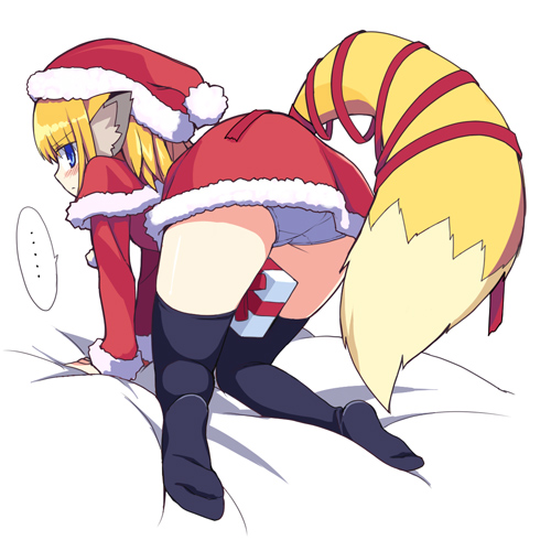 1girl all_fours animal_ears apricot_(yamai) ass between_legs blonde_hair blue_eyes box capelet christmas fox_ears fox_tail frown gift gift_box hat looking_back lowres original panties red_capelet ribbon santa_costume santa_hat short_hair solo spoken_ellipsis tail thighhighs underwear upskirt white_panties yamai