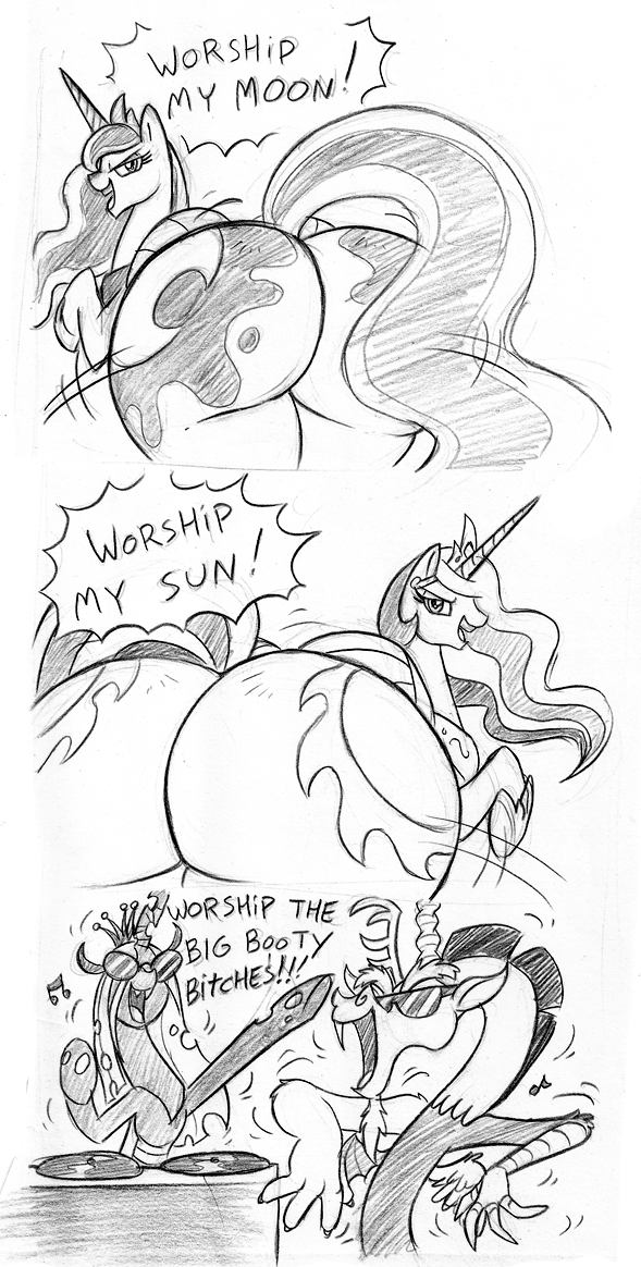 big_butt big_butts black_and_white butt changeling crown cutie_mark dialog dialogue discord_(mlp) draconequus english_text equine eyewear fangs female feral friendship_is_magic glasses holes horn horse mammal mickeymonster monochrome my_little_pony pony princess princess_celestia_(mlp) princess_luna_(mlp) queen_chrysalis_(mlp) record record_player royalty sunglasses text winged_unicorn wings
