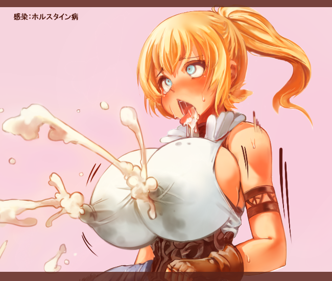 1girl ahegao bare_shoulders blonde_hair blue_eyes blush breasts erect_nipples female huge_breasts lactation milk milkfountain open_mouth pixiv_manga_sample ponytail sachito tongue tongue_out