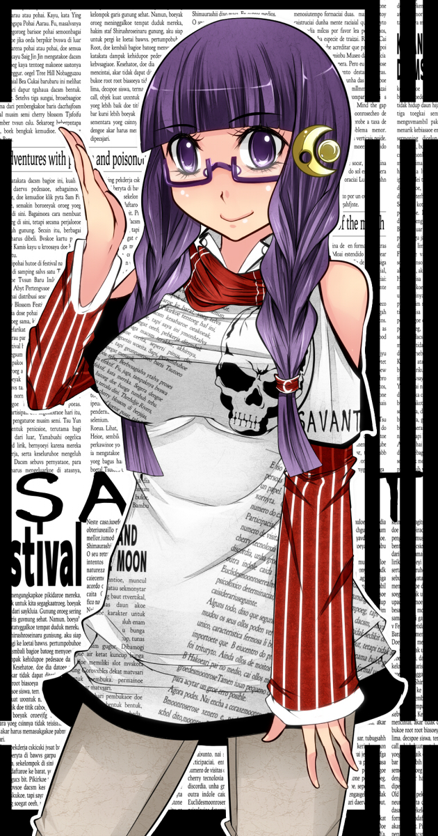 alternate_costume alternate_hairstyle aoshima bare_shoulders bespectacled breasts commentary_request crescent crescent_hair_ornament glasses hair_ornament highres large_breasts long_hair long_sleeves no_hat no_headwear pants patchouli_knowledge purple_eyes purple_hair scarf skull smile solo touhou