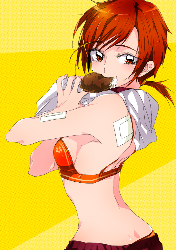 bandaid bra breasts food hino_akane_(smile_precure!) medium_breasts mouth_hold precure red_eyes red_hair short_hair smile_precure! solo tima underwear