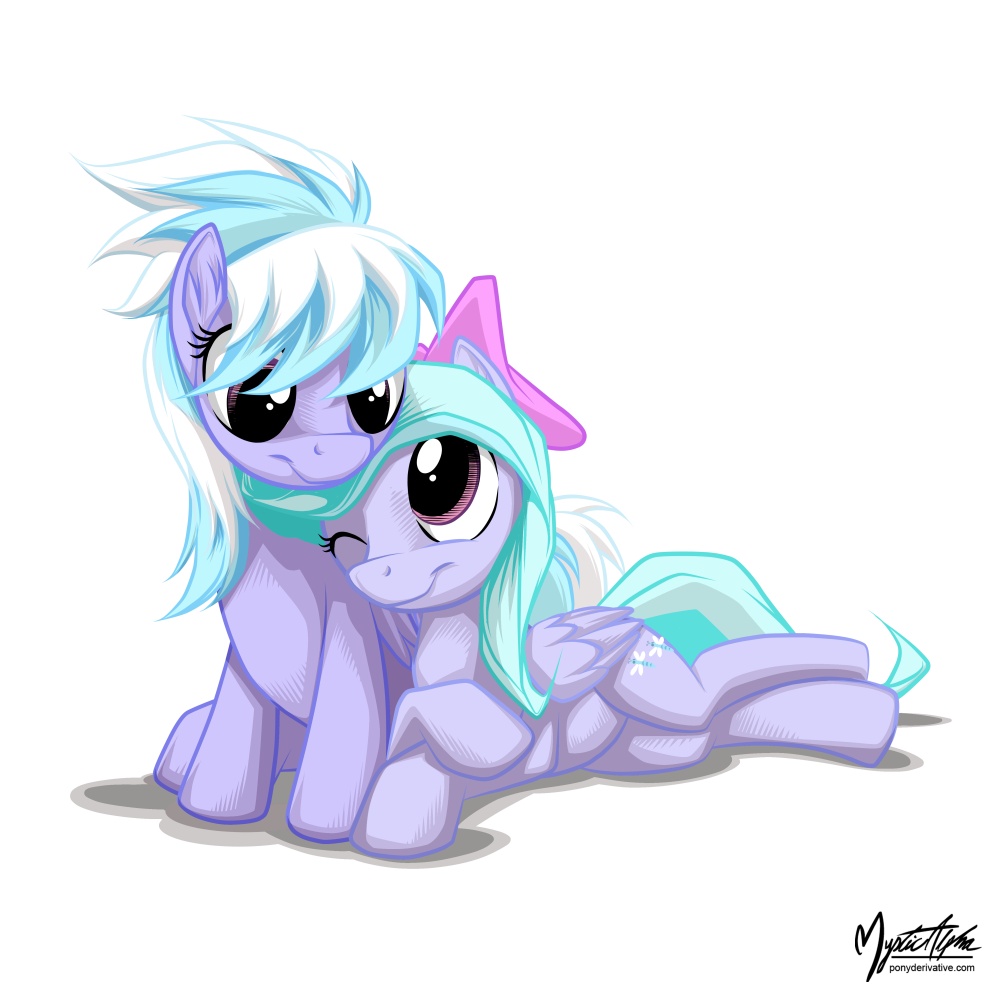 blue_hair bow cloud_chaser_(mlp) cuddling cutie_mark duo equine eye_contact female feral flitter_(mlp) friendship_is_magic fur hair horse mammal my_little_pony mysticalpha one_eye_closed pegasus plain_background pony purple_eyes purple_fur sibling sisters two_tone_hair white_background white_hair wings